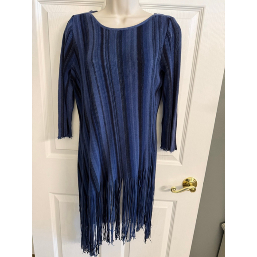 Nic+Zoe Boat Neck Blue Striped Knit Fringe Sweater Medium Pullover 3/4 Sleeve